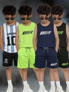 6pcs Kids Tween Boy Casual Sports Versatile Digital Print Pattern Round Neck Loose Pullover Tank Top & Shorts Knit 2-Piece Set Multi-Pack 3 Styles 1 Each 6-Piece Set Suitable For School, Garden, Beach, Birthday Spring Summer Autumn Fall, Winter Seasons - Multicolor - View 2