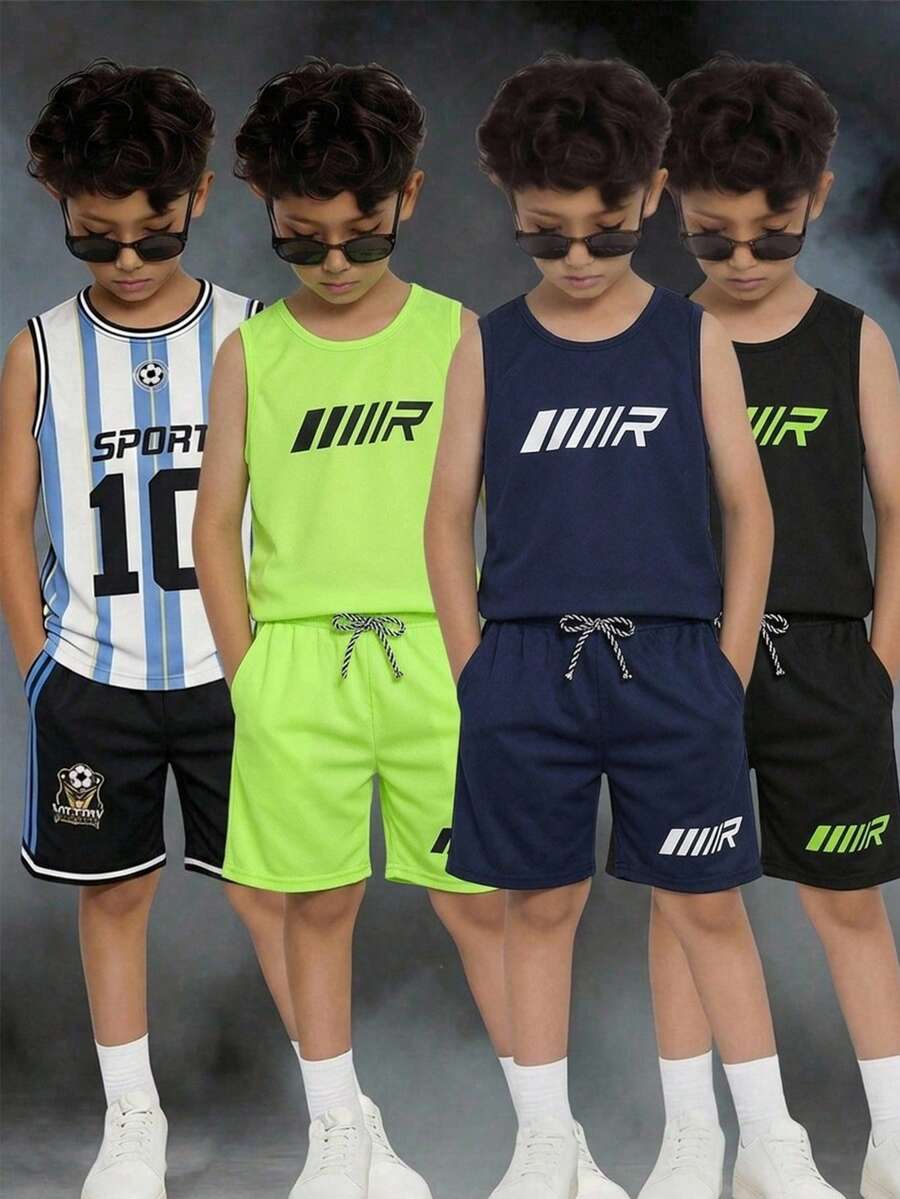 6pcs Kids Tween Boy Casual Sports Versatile Digital Print Pattern Round Neck Loose Pullover Tank Top & Shorts Knit 2-Piece Set Multi-Pack 3 Styles 1 Each 6-Piece Set Suitable For School, Garden, Beach, Birthday Spring Summer Autumn Fall, Winter Seasons
