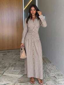 Siren Gaze Autumn Women Brown Striped Long Sleeve Single-Breasted Ruched Waist Long Dress Y2k Elegent Teachers' Day Streetwear Western Pleated Peplum Office - Multicolor - View 6