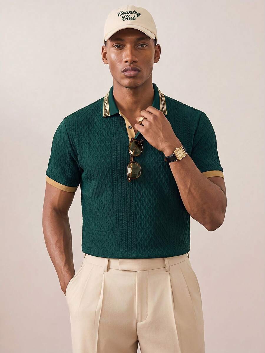 Manfinity Homme قميص بولو رجالي كاجوال للأعمال، أكمام قصيرة، رسمي، للمناسبات - أخضر داكن - مشاهدة 1