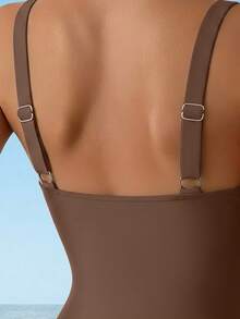 Swim Lushoire Women's One-Piece Swimsuit With Ruched Front Sides And Three Small Coffee Brown Button Decor On Chest Beach Party Summer Sexy - Coffee Brown - View 5
