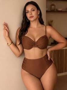Swim Chiccia Plus Size Retro Burgundy Bikini Red,Summer,Classy,Beach,Holiday Twist Cup Uplift Support High Waist Side Ruched Solid Color 2-Piece Swimwear Set - Rust Brown - View 4
