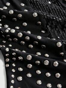 ROMWE Grunge Punk Women's Sequin Patchwork Rivet Decor Casual Versatile Daily Wear Top - Black - View 4