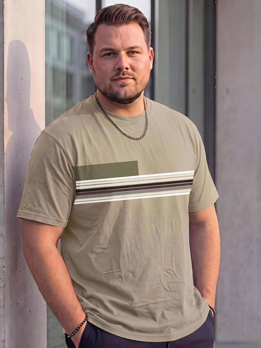 Manfinity LEGND Plus Size Men Stripe Print Round Neck Short Sleeve T-Shirt For Summer - Multicolor - View 1