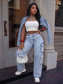 SHEIN SXY Women Simple Casual Denim Jacket - Light Wash - View 4