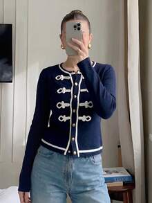 Lumalex 女款青蛙鈕扣設計單排扣長袖針織開襟衫 辦公穿搭 海軍藍與白色 秋季優雅 - 藏蓝色 - 查看 5