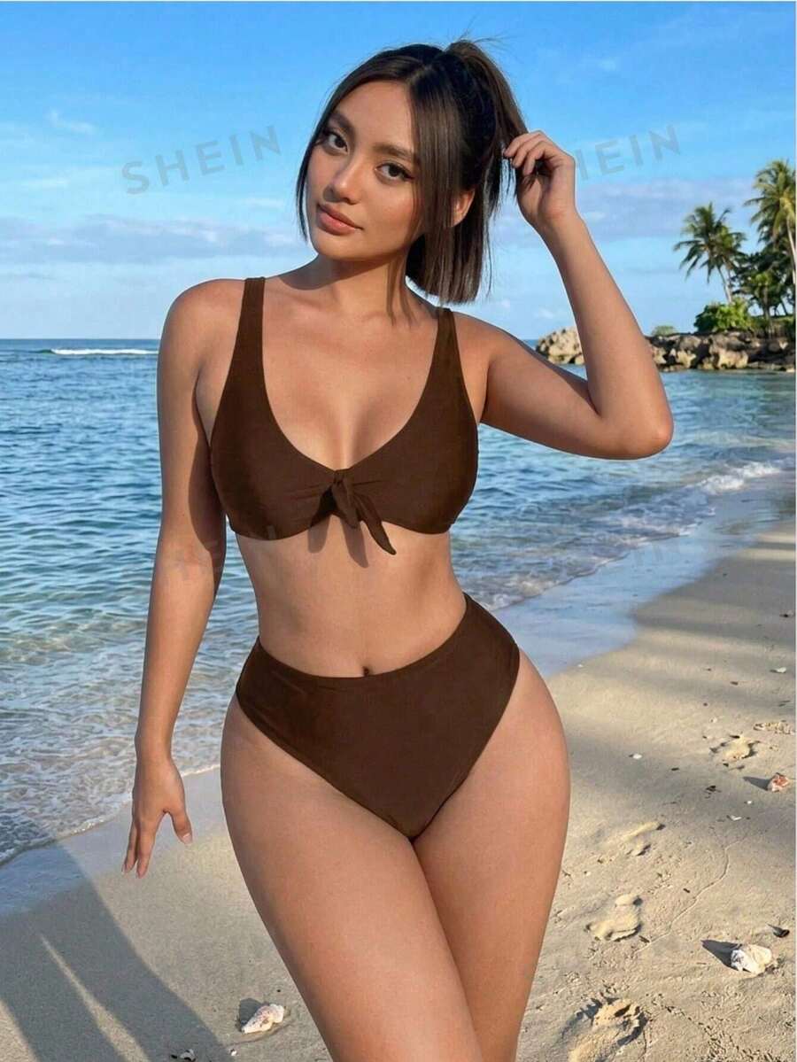 Bloopia 女士纯色前系带时尚比基尼泳装套装 高腰比基尼套装 女士棕色泳装 女士度假装 女士比基尼套装 女士棕色两件式泳衣 - 咖啡棕 - 查看 1