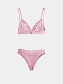 lacRébo Triangle Bra And Thong Set With Pink And White Flowers Embroidery And Scalloped Edge Details Pink Lingerie Set - Pink - View 8