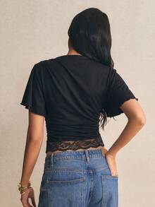 Poéselle Damen-T-Shirt mit Fledermausärmeln, einfarbig, mit Spitzensaum, modisch, Sommer-Tops, Schulanfang-Tops, Ausgeh-Tops, Y2K-Tops, schwarze Tops, elegante Spitzenblusen - Schwarz - Übersicht 3