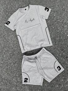Manfinity EMRG Men's Letter & Number Print T-Shirt And Drawstring Shorts Set, Holiday - Multicolor - View 2