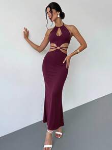Firerie Robe longue élégante minimaliste sexy et charmante pour femme, pour soirée, bal, carnaval, festival de musique et rendez-vous, violet-rouge, col licou, découpe à la taille, tricotée, haute élasticité, moulante - Fushia - Voir 4
