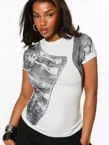 ROMWE Women's T-Shirt Napoleon Print White With Black Polka Dots Loose Punk Streetwear Graphic Hot Girl Spring Summer Y2K Going Out Night Out Daytime - White - View 7