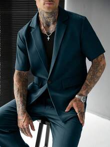 SLATEMANN 男士舒適純色布料大領單扣雙口袋短袖襯衫搭配抽繩鬆緊腰長褲套裝，休閒度假、朋友約會、雞尾酒會、沙龍、聚會、日常辦公、極簡商務，特別適合春夏穿著，適合自穿或送給朋友 - 墨綠色 - 查看 6
