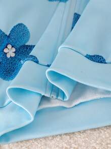 SHEIN Vintaside Kids 女嬰休閒純色保暖內裡連帽拉鍊外套，藍色花卉印花長袖連帽外套，適合秋冬/初秋，熱銷女嬰休閒日常百搭外套 - 藍色 - 查看 6