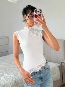 SHEIN EZwear 女款蕾絲拼接修身百搭日常穿搭上衣 - 彩色 - 查看 10