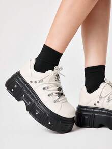 ROMWE Grunge Punk Women Heeled Sandals2026 New Fashion Spring And Autumn Punk Style Dark PU Round Toe Thick Sole Heightening Niche Design Rivet Skull Head Lace-Up Shoes Y2K - Beige - View 4