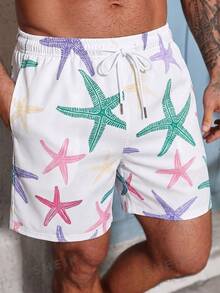 Manfinity Swimmode 男士抽繩腰星魚圖案休閒度假沙灘短褲 - 彩色 - 查看 3