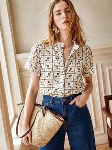 SHEIN Summer Tops, Festival Clothing, Outdoor Tops, Elegant Tops, Holiday Suits, Casual Tops, Business Suits, Country Style, Check Pattern White Shirt - White - View 3