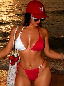 Swim SXY Women's Summer Beach Party Vacation Sexy Red And White Red Bikini Set, Solid Color Halter Neck Patchwork Top, Side Tie Bikini Bottom Set - Red and White - View 1