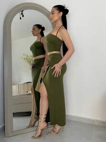 Vassilux 女款性感開衩扭結掛脖上衣與高腰裙兩件套，春夏季優雅 - 軍綠色 - 查看 6