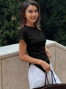 DAZY Women's Fitted Asymmetrical Hem Waist Gathered T-Shirt Summer - Black - View 13