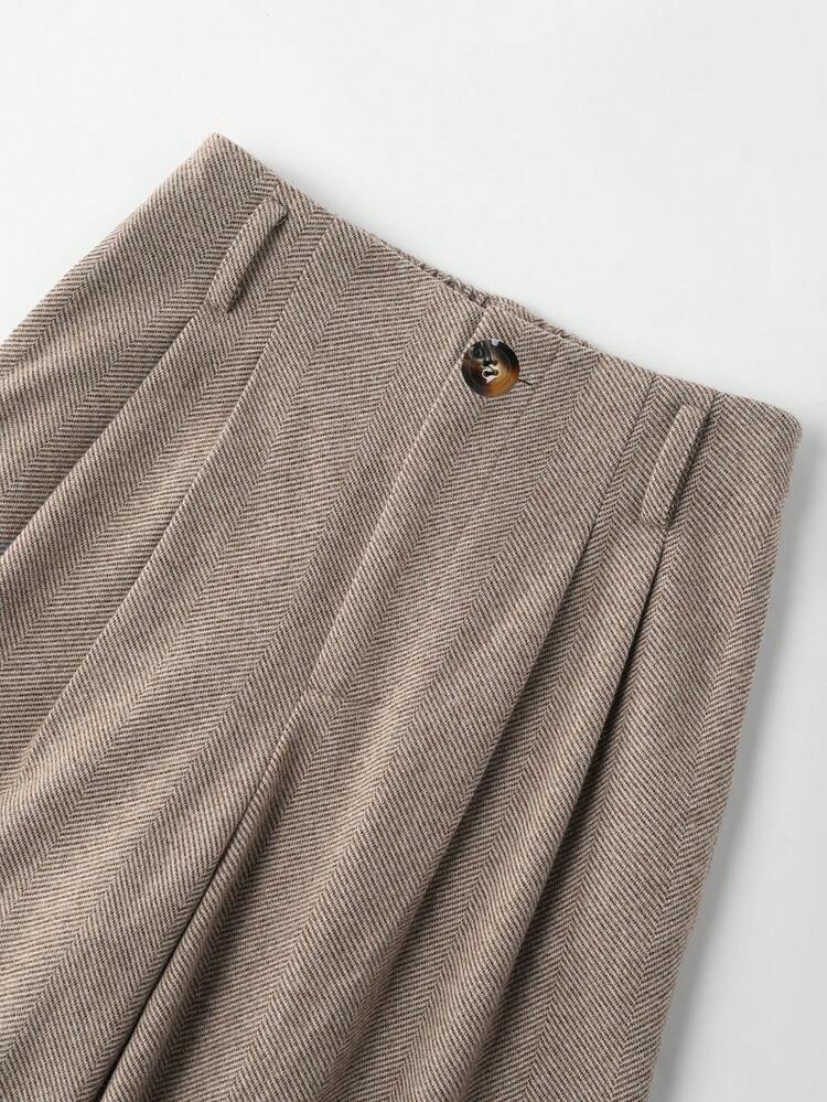 SHEIN Raffinéa Casual Versatile Fashion New Knit Wool Blend Faux Cashmere Thin Herringbone Trousers - Brown - View 6