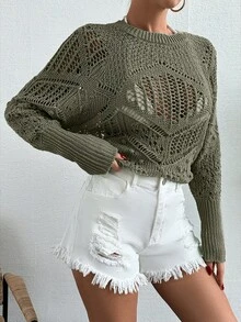EURMUSE Solid Raglan Sleeve Pointelle Knit Sweater - Mint Green - View 4