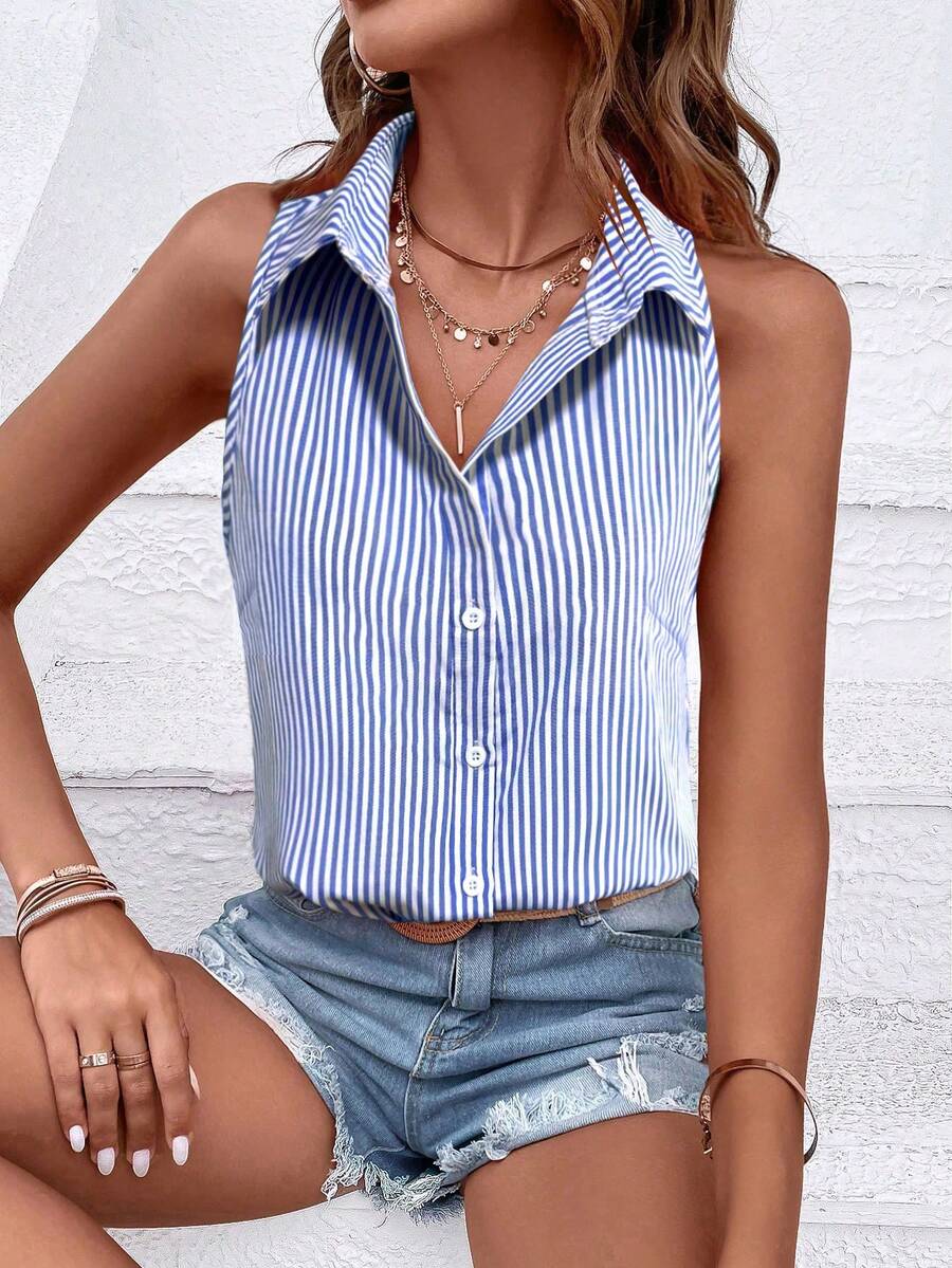 SHEIN Holidaya 藍白條紋無袖寬鬆襯衫 - 藍色 - 查看 1