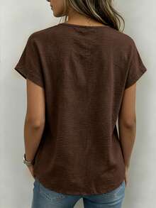 EMERY ROSE Blus Wanita Tenun Kasual Sederhana untuk Kantor Musim Panas - Coffee Brown - View 2