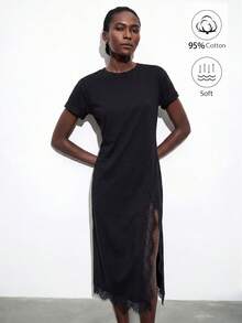 Lumivelle Spring/Summer New Women's Pure Cotton Lace Patchwork High Slit Waist-Cinching T-Shirt Dress, Daily Wear Design Solid Color Fitted Round Neck Roll Cuff - Black - View 5