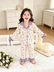 SHEIN 甜美風櫻桃與蝴蝶結印花女童幼童長袖開襟外套與長褲2件組休閒舒適居家服 - 彩色 - 查看 6