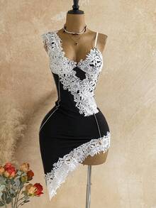 Soleia Sexy Spaghetti Strap V-Neck Lace Trim Contrast Color Fitted Asymmetrical Hem Bodycon Mini Dress For Women, Party Night Out, Date, Boho, Vacation - Black - View 6