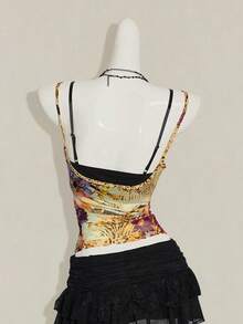 SHEIN ICON 女款豹紋透視細肩帶上衣搭配黑色蕾絲內衣 2件套 - 彩色 - 查看 2