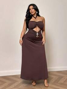 NU&NOW Sexy Plus Size Halter Neck Cold Shoulder Cutout Airy Vacation Dress For Women - Coffee Brown - View 3