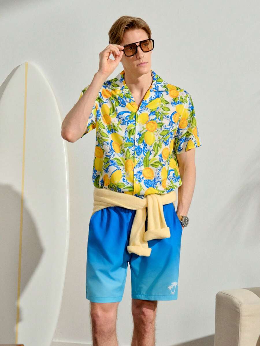 VeloEdit Vacation Style Digital Print Turndown Collar Short Sleeve Button-Down Shirt For Men - Multicolor - View 1