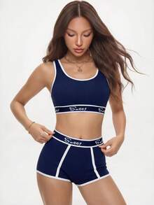 Rina Fox Set de lencería deportiva con sujetador de bloques de color y ribete de contraste y boxers cortos para yoga - Azul - Ver 1