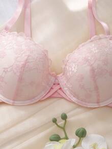 DelicateAllure Bra Wanita Pink dengan Kawat Penyangga, Cup Cetak Nyaman, Model Balconette, Push-Up, Dukungan Tinggi, Tali Silang, Patchwork Renda, Murni & Imut - Berwarna merah muda - View 1