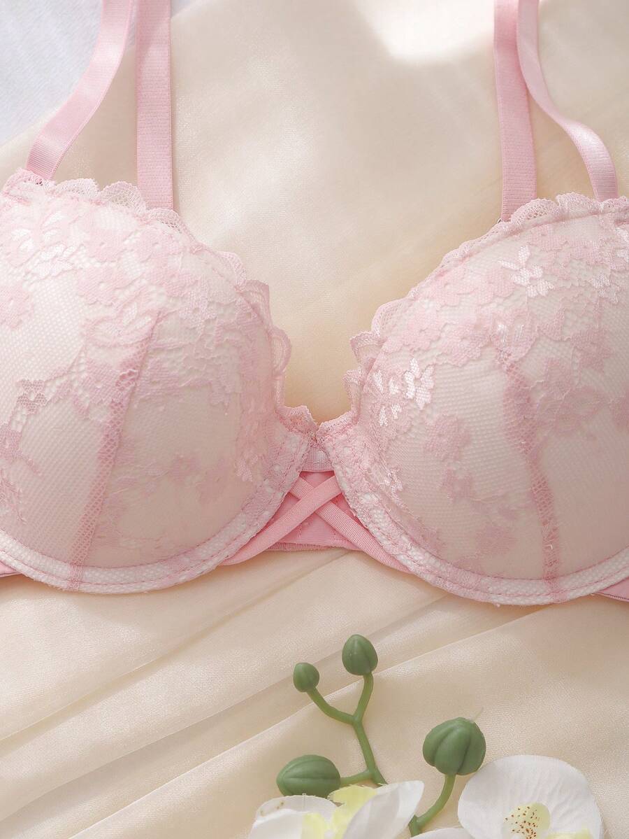 DelicateAllure Bra Wanita Pink dengan Kawat Penyangga, Cup Cetak Nyaman, Model Balconette, Push-Up, Dukungan Tinggi, Tali Silang, Patchwork Renda, Murni & Imut - Berwarna merah muda - View 1
