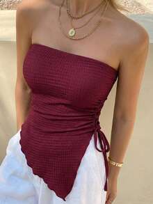 Joudiya Damen asymmetrische plissierte Bluse, Sommer Ausgehoberteil, Bandeau-Top - Bordeaux - Übersicht 10