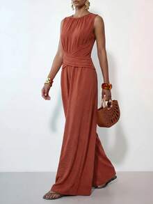Zivah New Summer Hot-Selling Casual Commuter Vacation Linen Reddish-Brown Round Neck Sleeveless Cross Waist Belted Pleated Long Women Jumpsuit,Suitable For Everyday Wear, Going Out,Vacations, Travel, Beaches, Party, Airport Outfits, Brunch Outfits,Boho , Nomadic,Casual ,Shopping,Work Outfits For Women,Graduation Outifit,Country Concert Outfit,Back-To-School - Red - View 4