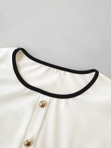 SHEIN LUNE Women's Colorblock Decorative Button Flutter Sleeve Elegant French T-Shirt Office Work White And Black Summer - White - View 7