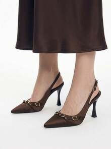 Mnmlis Chic Brown Satin Pointed Toe Slingback Pumps For Women With Stylish Gold Hardware And Slim Stiletto Heel Fall Shoes - dark brown - View 5