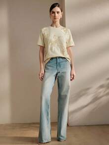 Anewsta T-shirt femme nouveau printemps/été élégant de vacances col rond brodé fleur de lotus manches courtes pull-over - Jaune clair - Voir 5