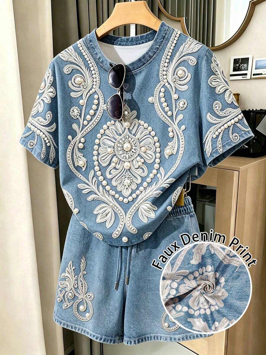 INAWLY 丹寧風休閒套裝，仿重工刺繡珍珠花卉，圓領T恤搭配抽繩短褲 - 彩色 - 查看 1