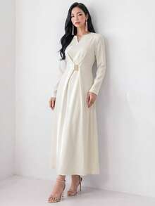 Heiryn Gaun Panjang Wanita Elegan Warna Polos untuk Perjalanan Musim Gugur - Putih Gading - View 11