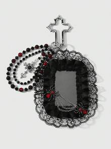 ROMWE Goth 1個Y2K哥德風黑紅配色手工串珠水晶水鑽蜘蛛愛心十字卡片不鏽鋼十字架鑰匙圈包包吊飾，女款 - 黑紅色-15 - 查看 10