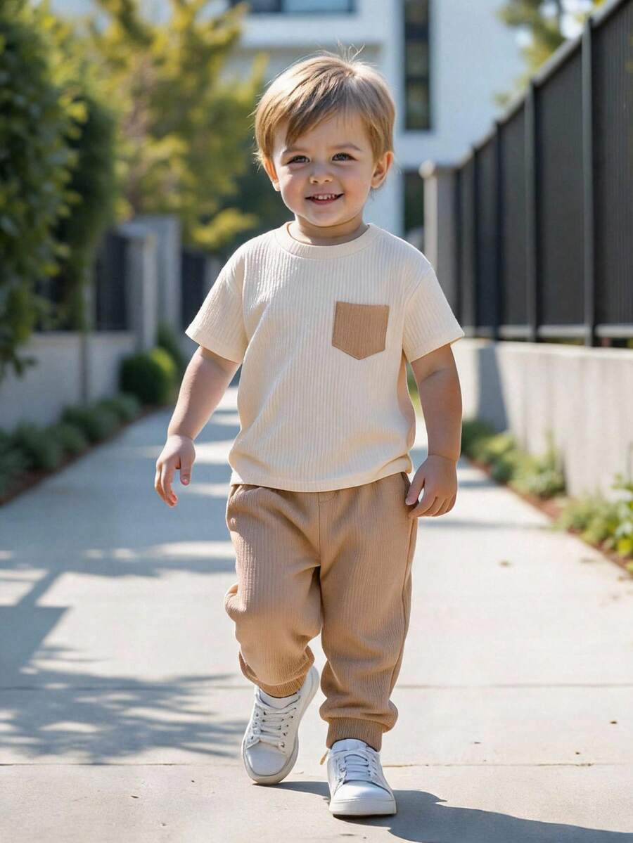 SHEIN Kids 2pcs/Set Young Boy Summer Casual Contrast Color Pocket T-Shirt & Long Sets, School, Campus, College - Multicolor - View 1