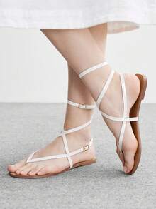 CUCCOO BIZCHIC Women's Square Toe Rhinestone Ankle Strap Sandals For Christmas Summer Shoes - White - View 8
