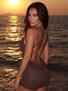 Swim SXY Spring/Summer Chocolate Brown Sexy Tropical Draped Neck Backless Swimsuit Cover-Up For Women Beach Club - Brown - View 2