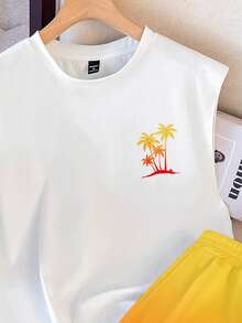 Torvinic Island Vacation Style Palm Tree Sunset Gradient Fashion Casual Print Men's Standard Fit Tank Top Set - White - View 3